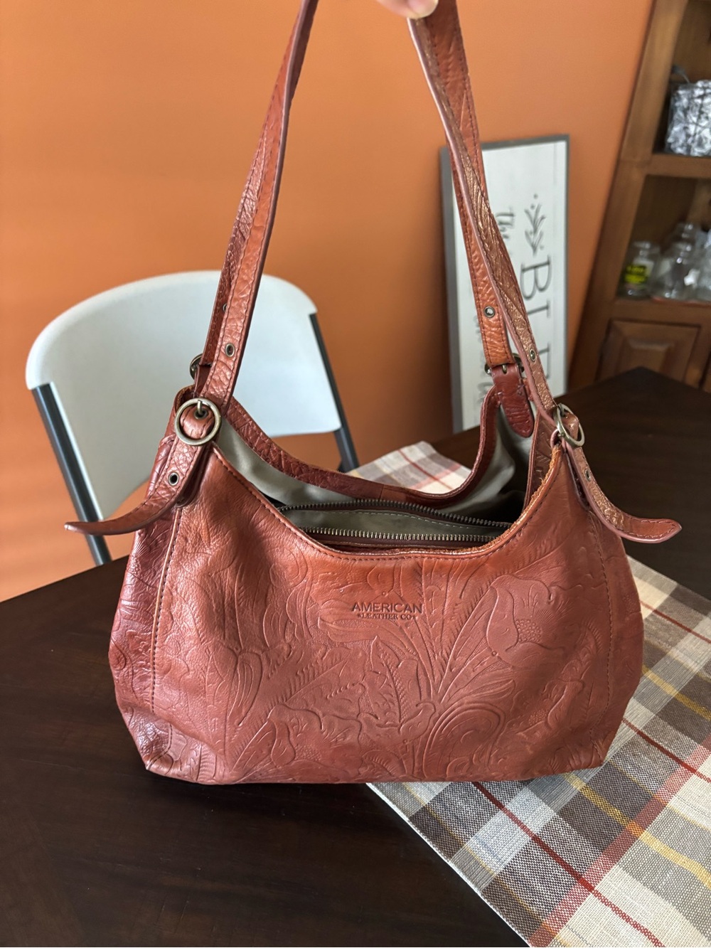 American Leather Co. Embossed Shoulder Bag in Rust